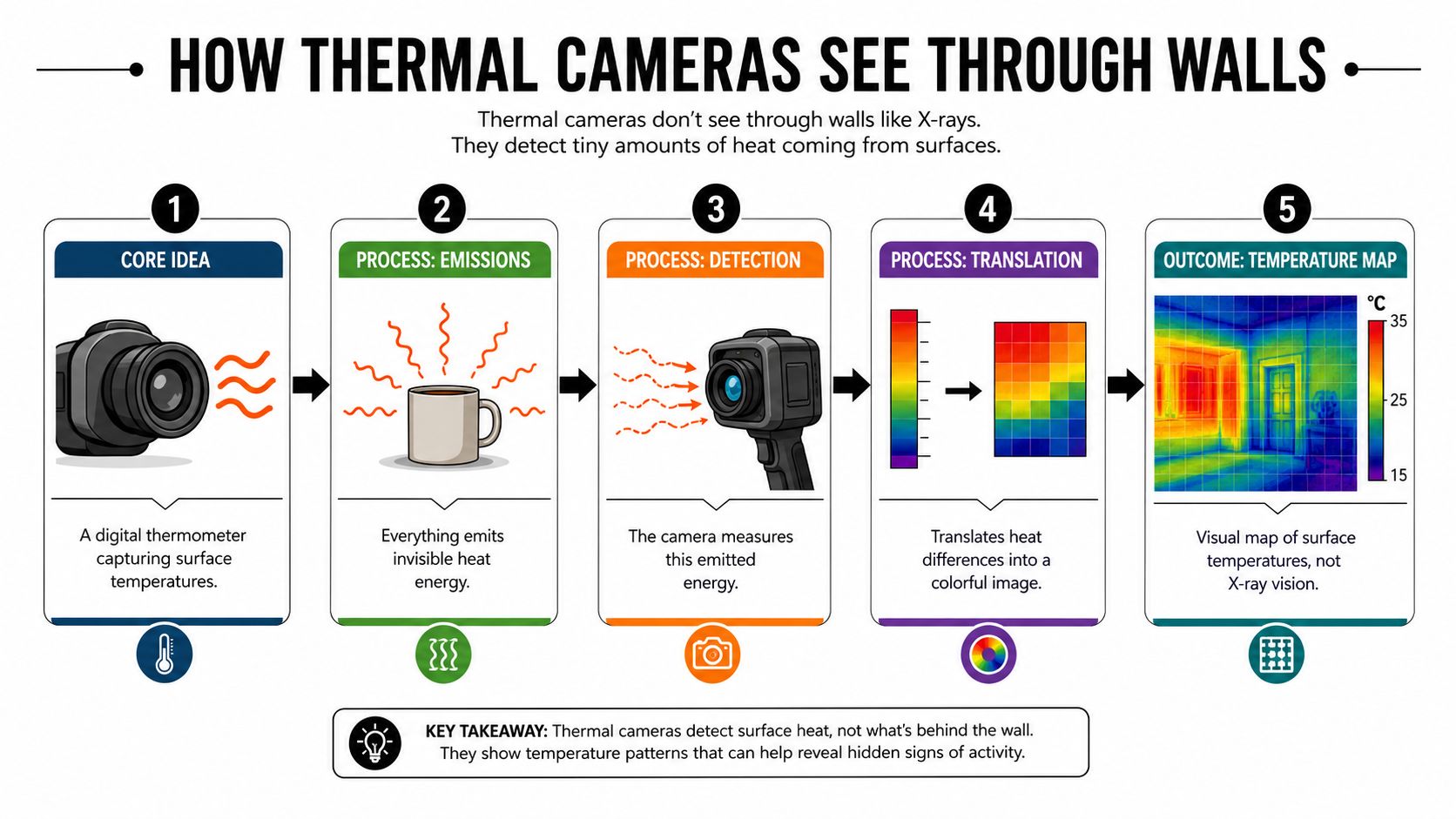 An infographic explaining how thermal cameras function by mapping surface heat rather than seeing through solid walls.