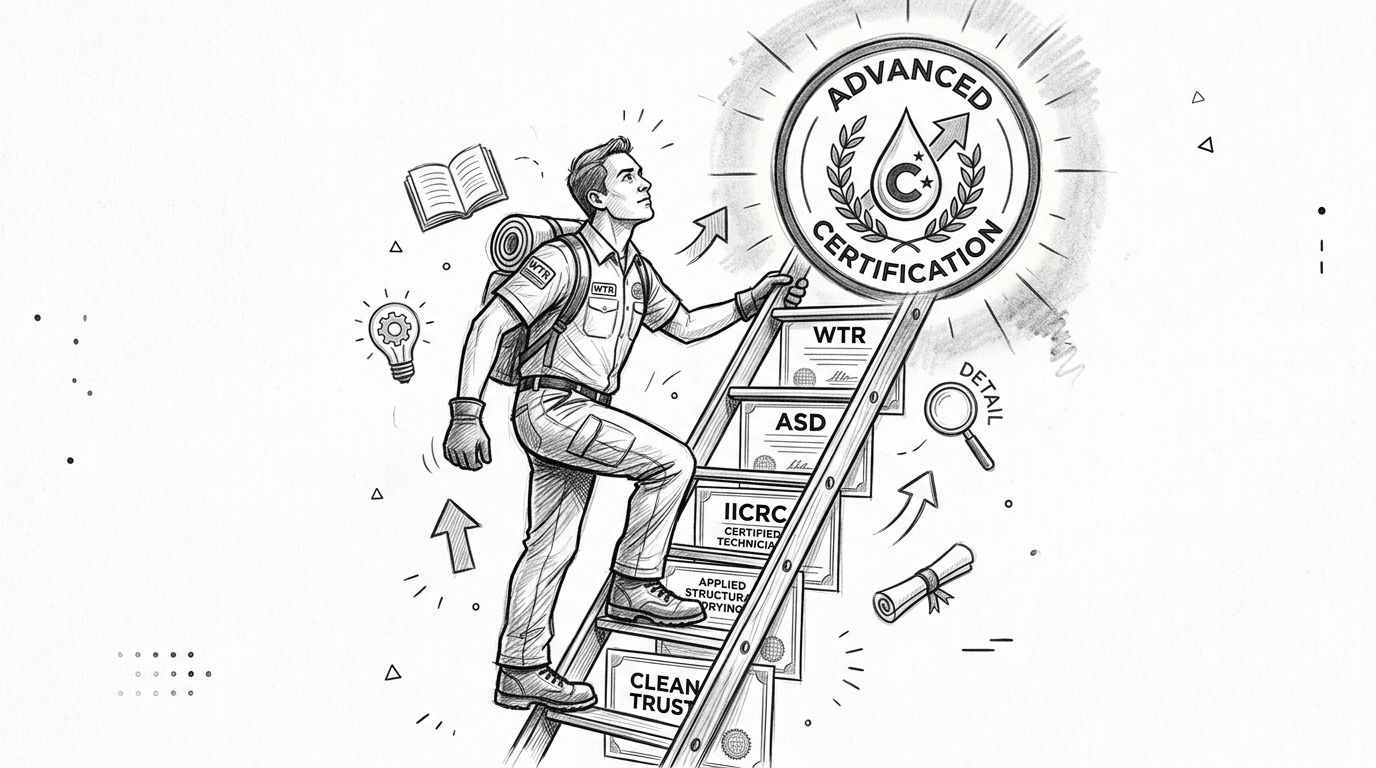A professional technician climbing a ladder representing professional growth towards an advanced water damage restoration certification.