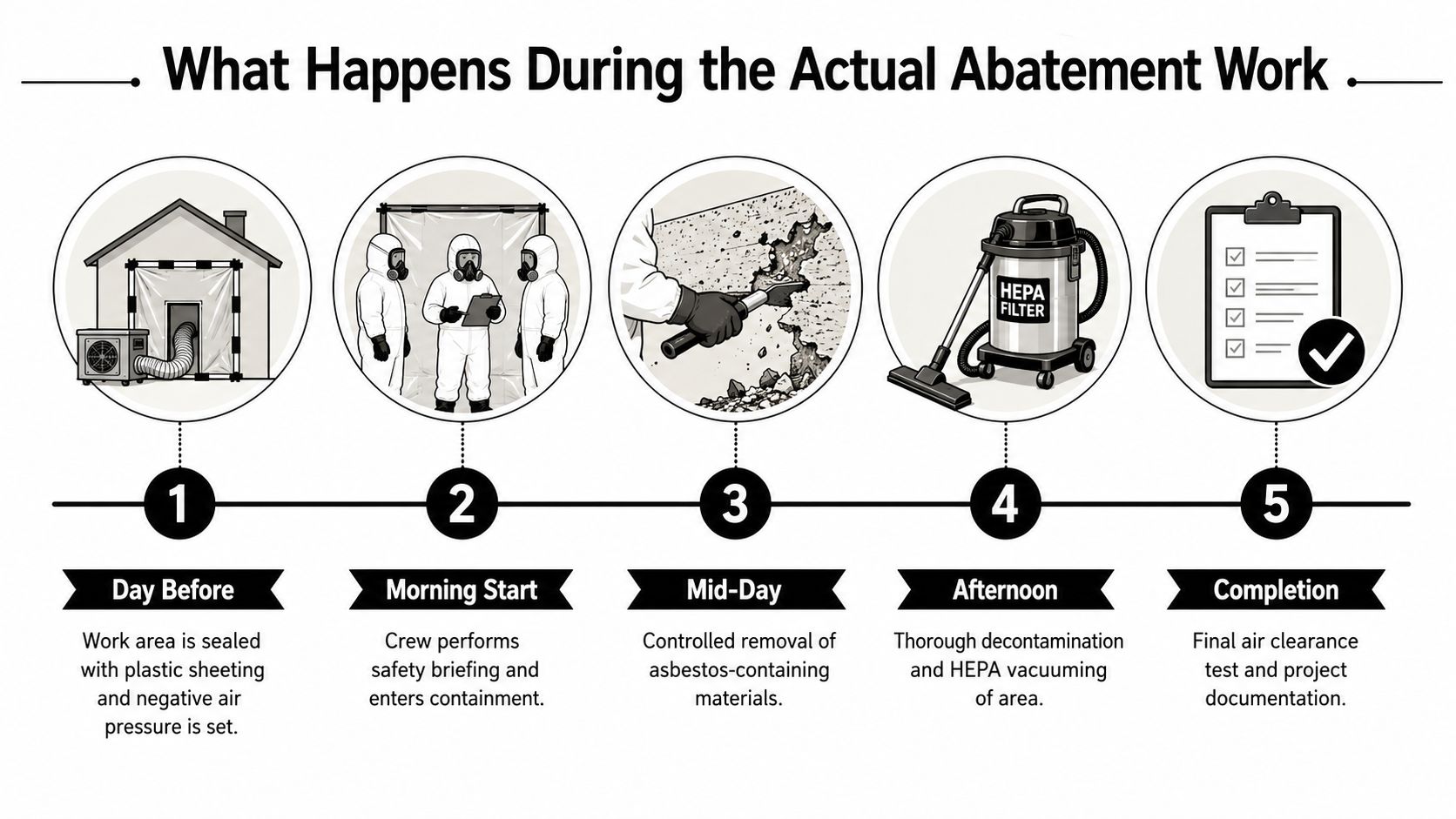 A five-step infographic illustrating the professional process of asbestos abatement and removal in a building.