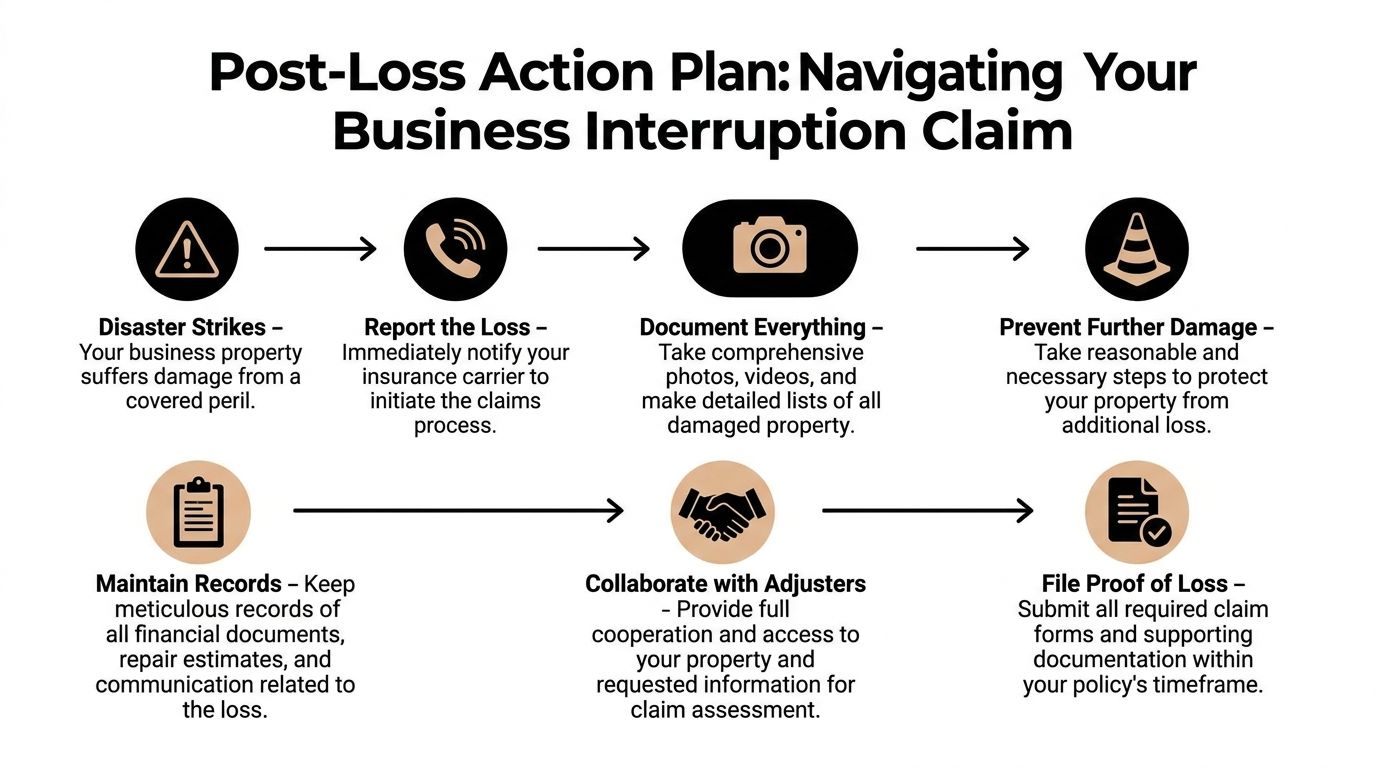 A six-step infographic guide titled Post-Loss Action Plan for navigating a business interruption insurance claim.