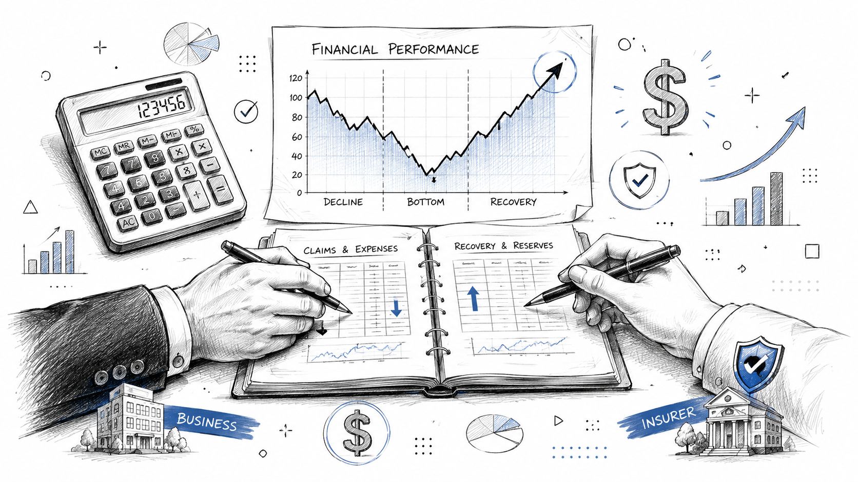 A hand-drawn illustration showing business and insurer representatives analyzing financial performance charts, insurance claims, and business recovery data.