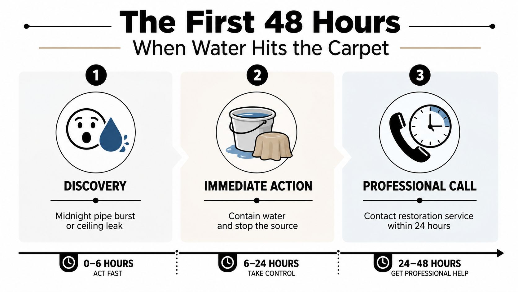 A timeline graphic showing the recommended three-step process for handling carpet water damage within 48 hours.