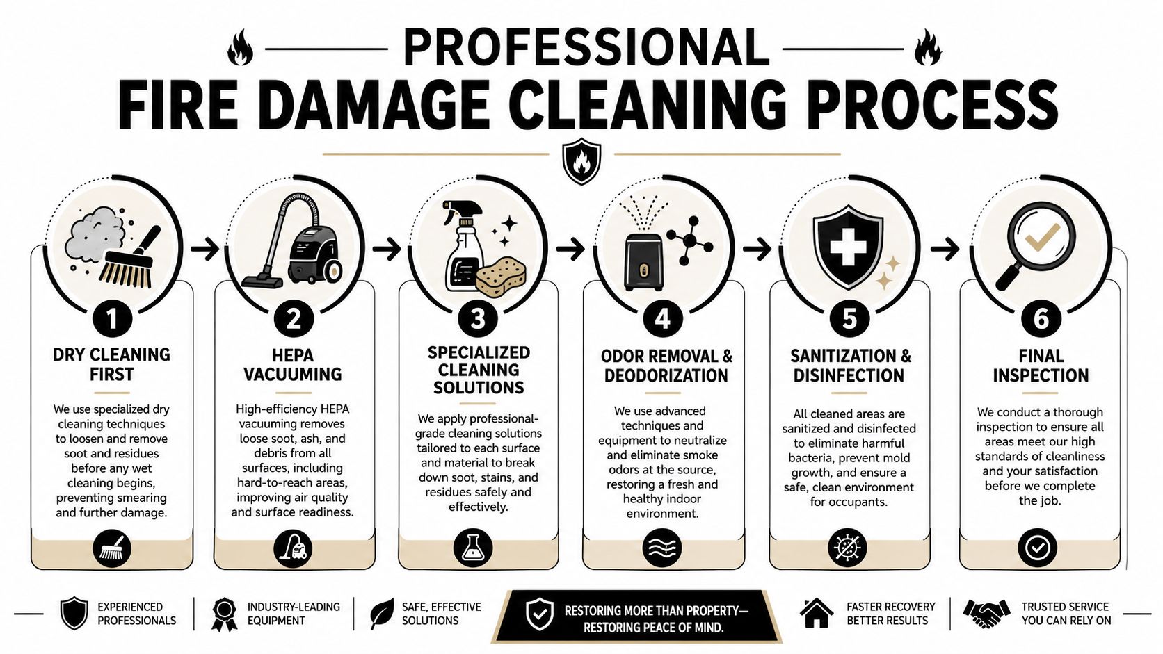 A step-by-step infographic illustrating the professional fire damage cleaning process from dry cleaning to final inspection.