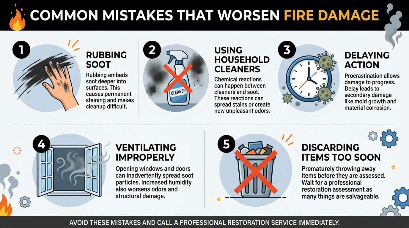 An infographic showing five common mistakes that worsen fire damage in homes, including improper cleaning and ventilation.