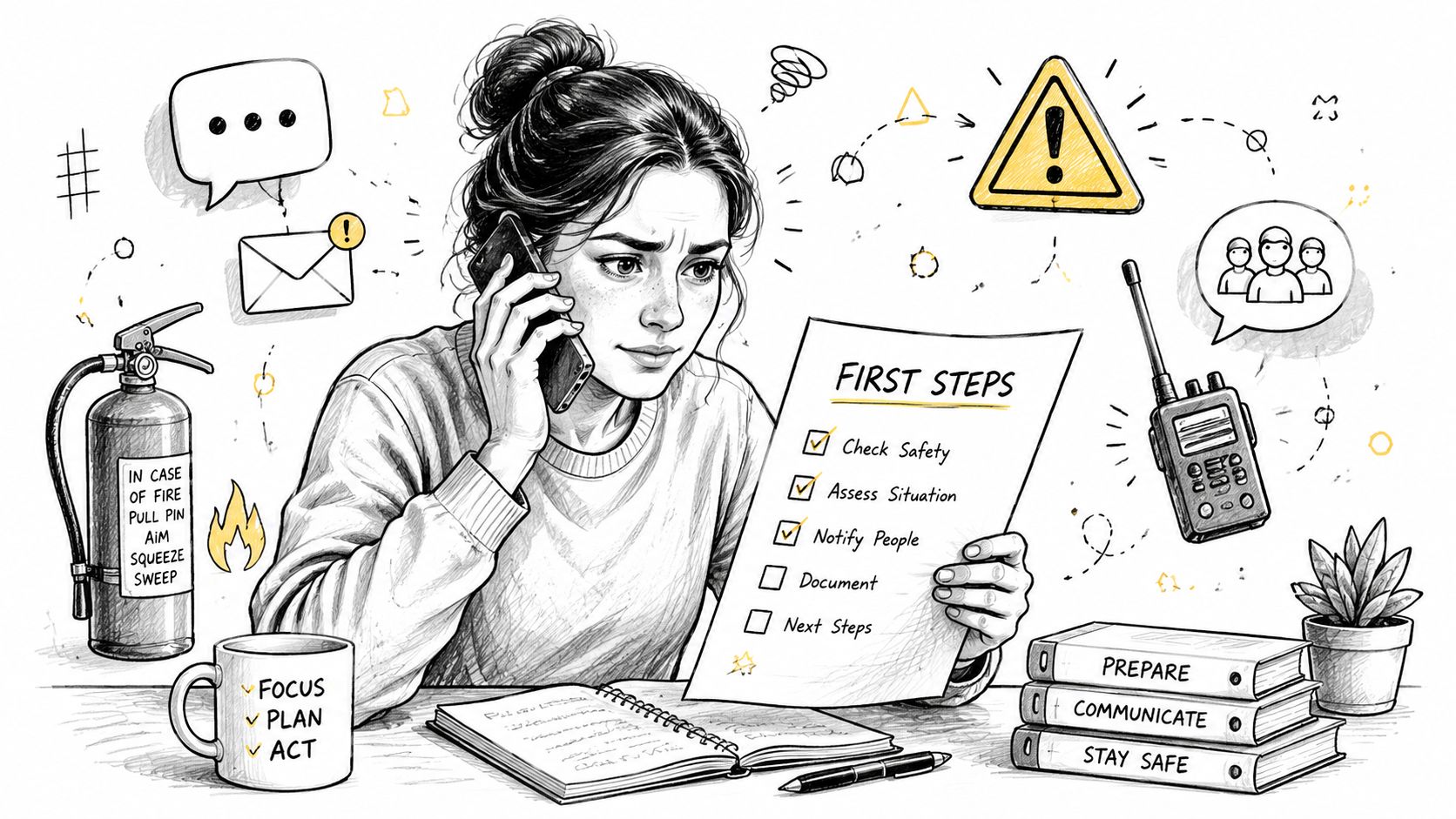 A professional woman managing a critical situation, following a checklist for emergency response and fire safety.