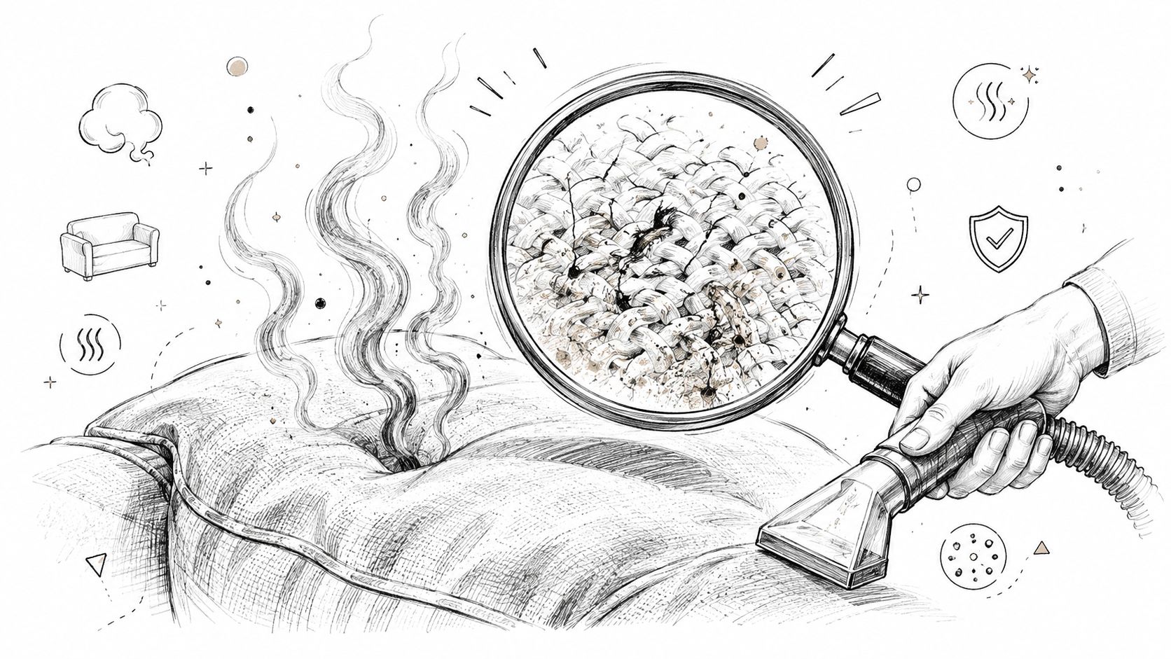 A magnifying glass reveals deep dirt inside fabric being cleaned by an upholstery machine nozzle.