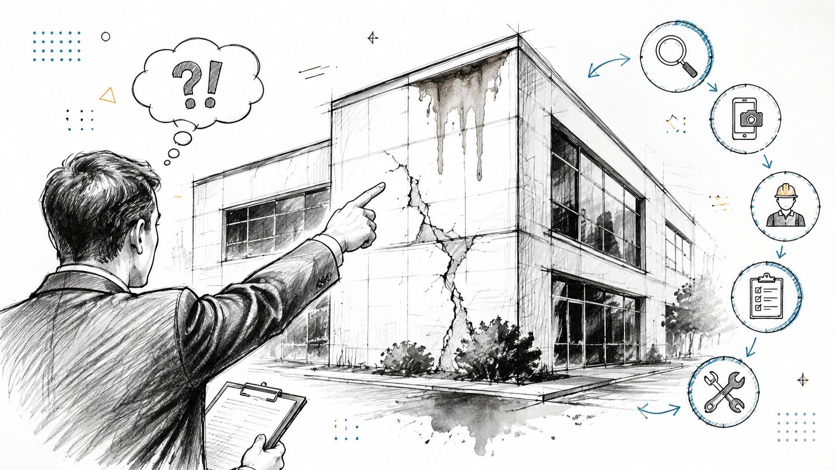 A professional inspecting building damage for a commercial property insurance claim with a step by step workflow.