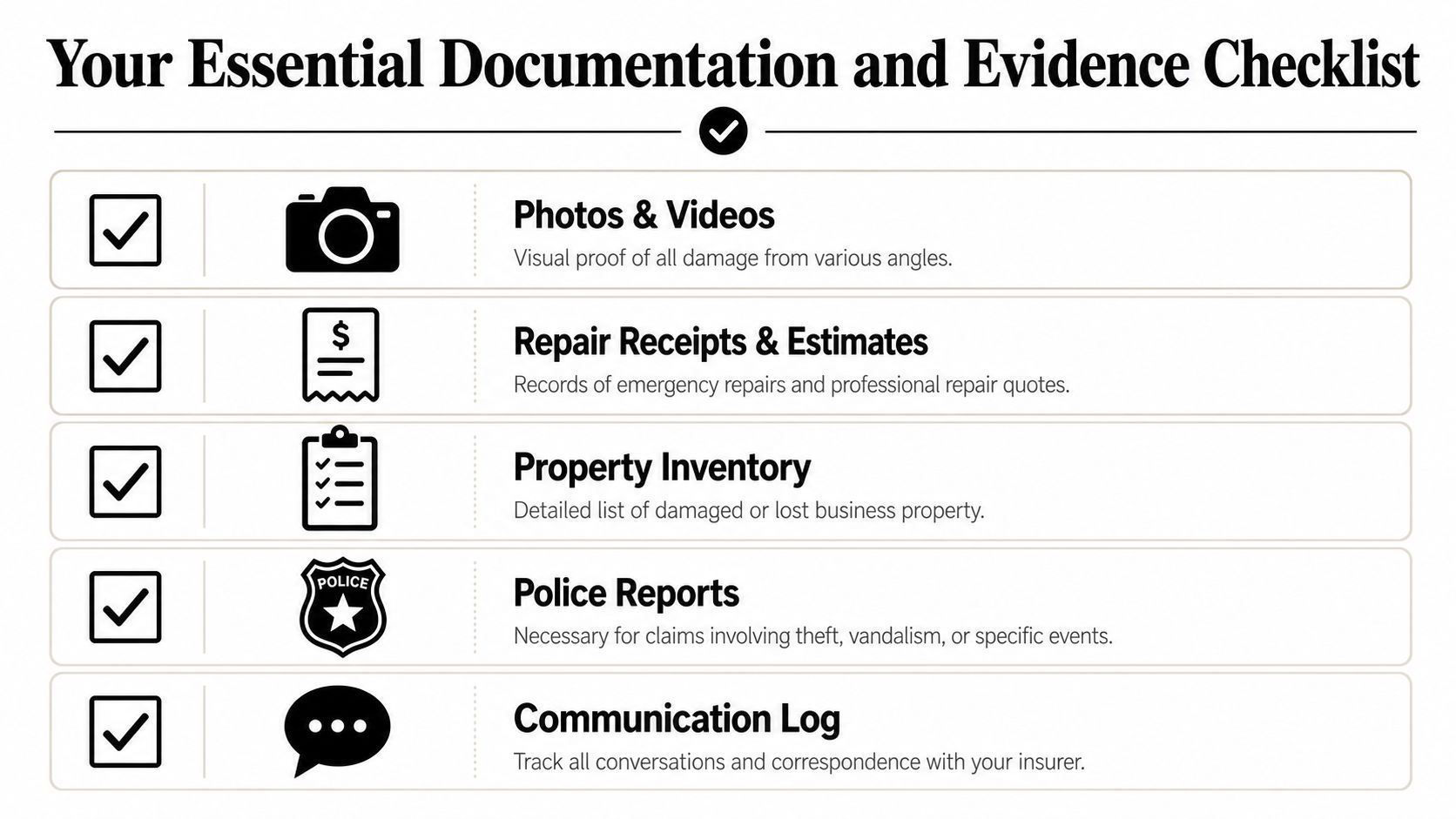 A checklist for commercial property insurance claims showing necessary documentation like photos, receipts, inventory, reports, and logs.