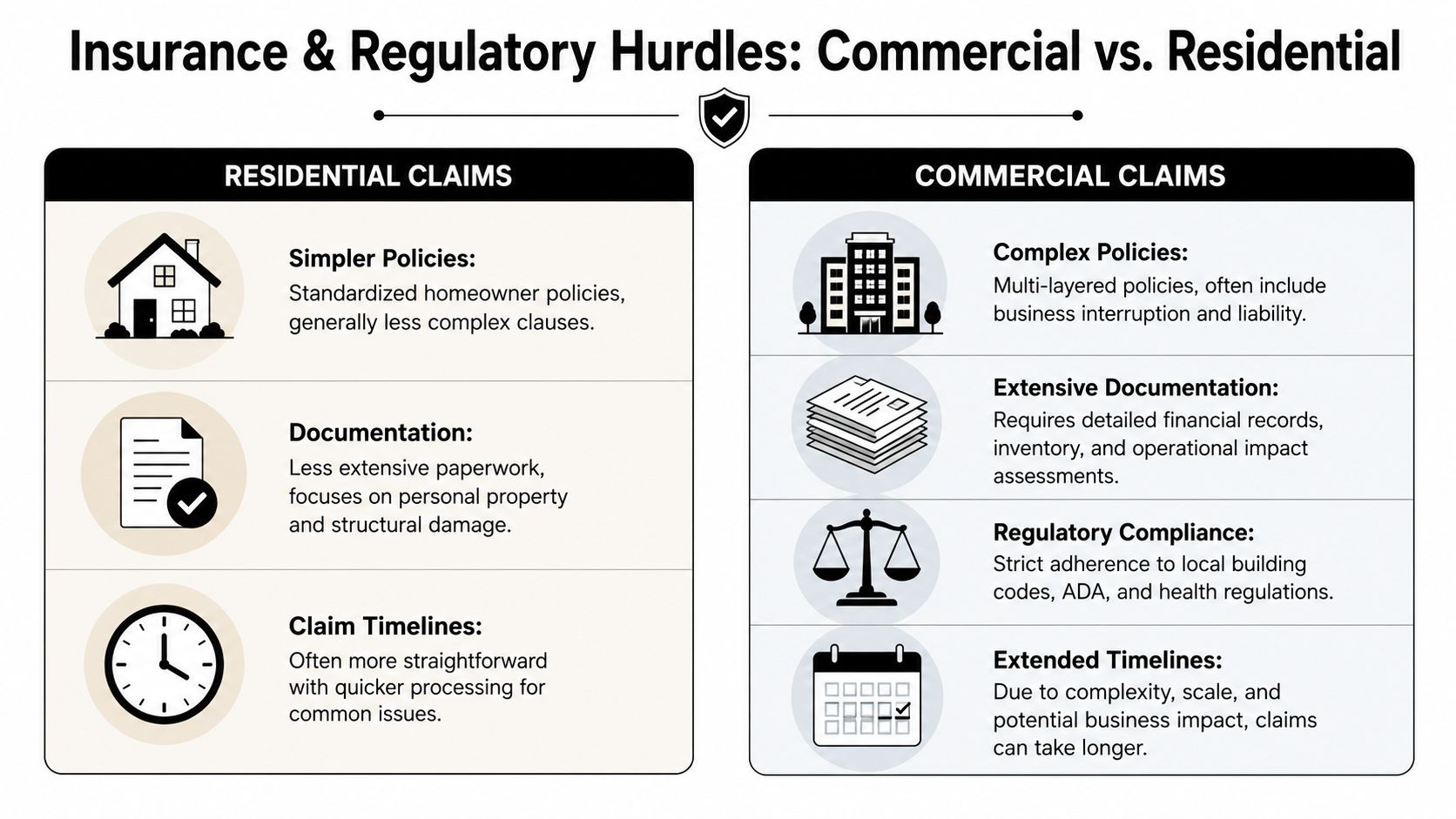 A comparative infographic highlighting the differences between residential and commercial insurance claims and regulatory requirements.