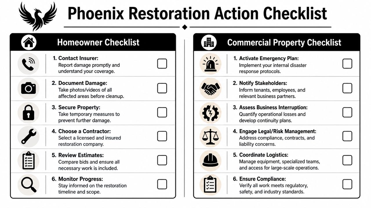 A restoration action checklist for both homeowners and commercial property owners to manage disaster recovery effectively.