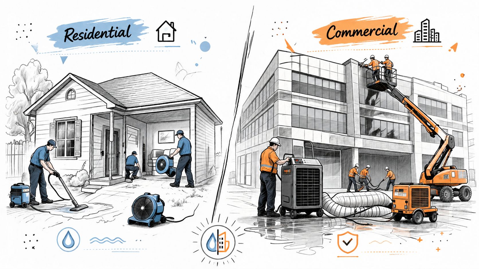 A split illustration comparing residential and commercial property water damage restoration and professional cleaning services.