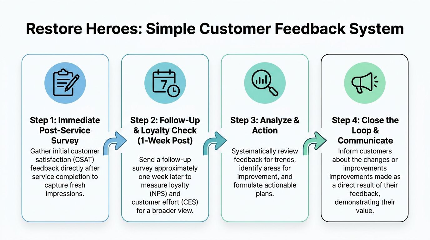 A four-step customer feedback process diagram for Restore Heroes to measure satisfaction, loyalty, and service improvements.