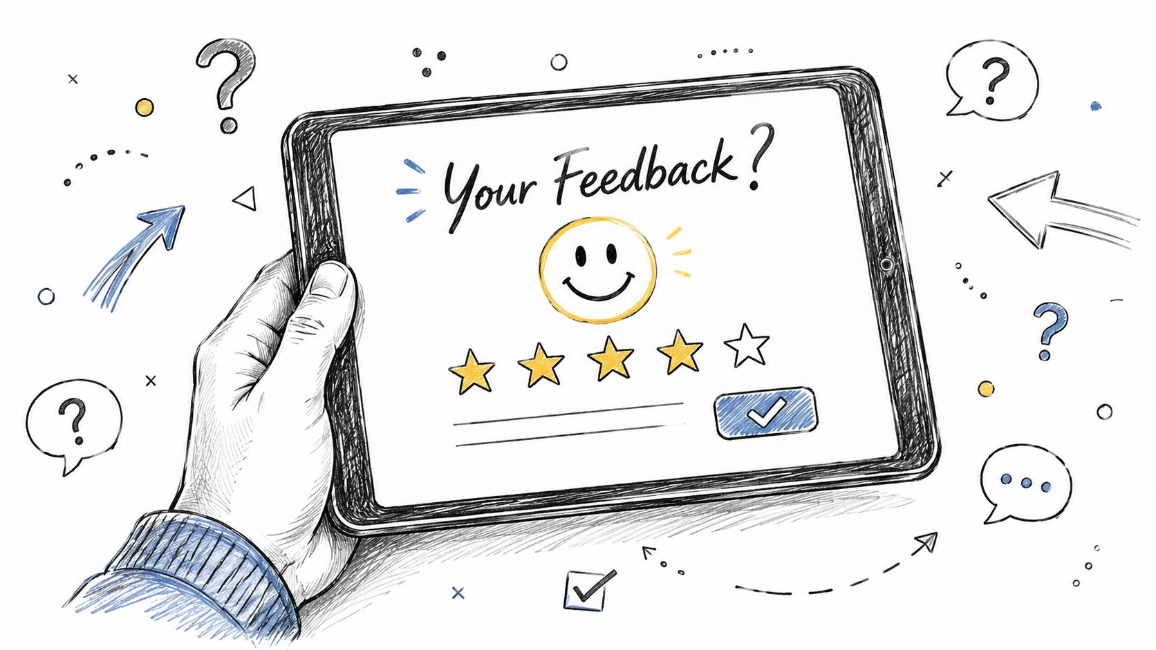 A hand holding a digital tablet displaying a customer feedback survey with a smiley face and stars.