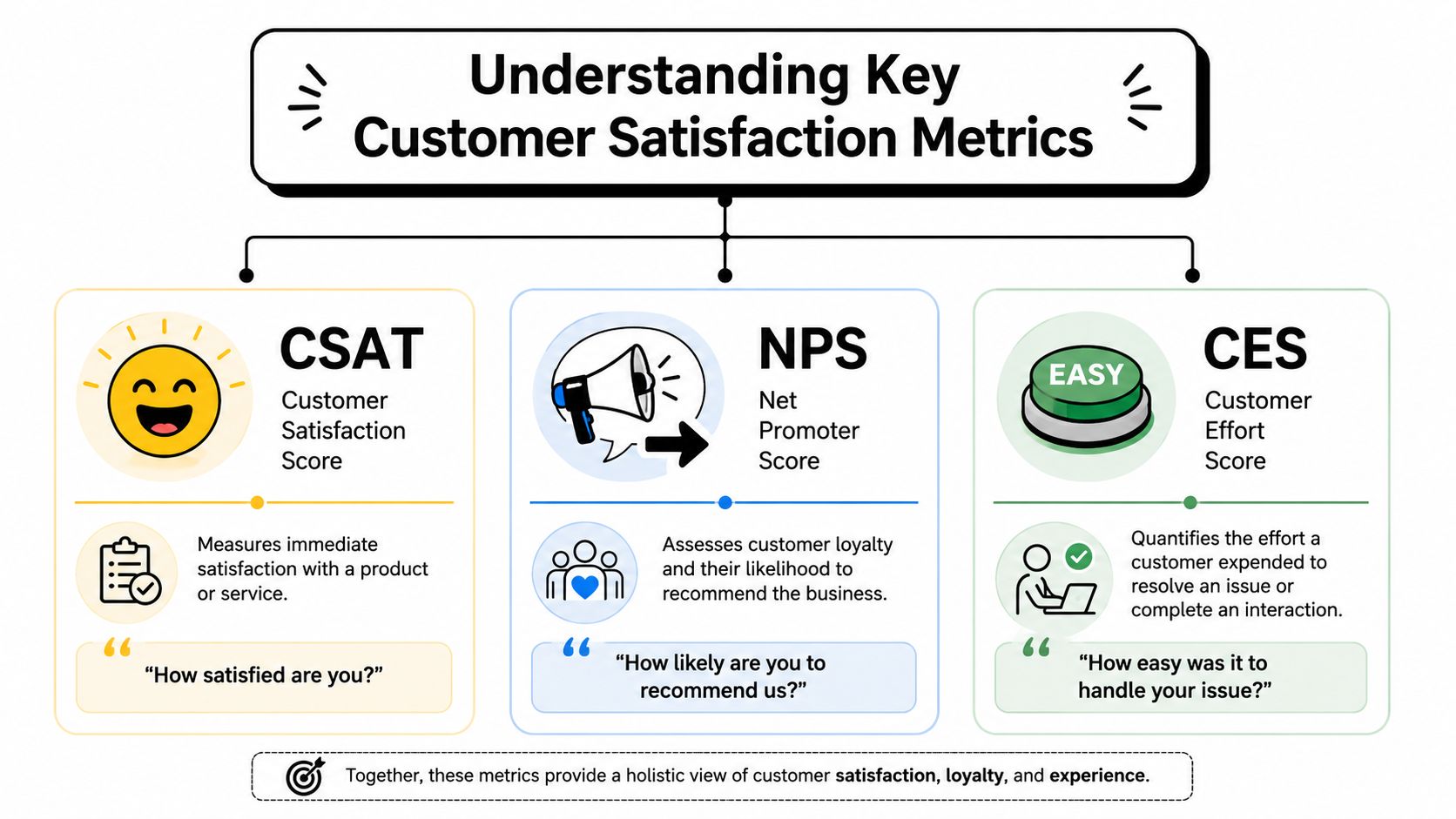 An infographic titled Understanding Key Customer Satisfaction Metrics, detailing CSAT, NPS, and CES as essential business measurements.