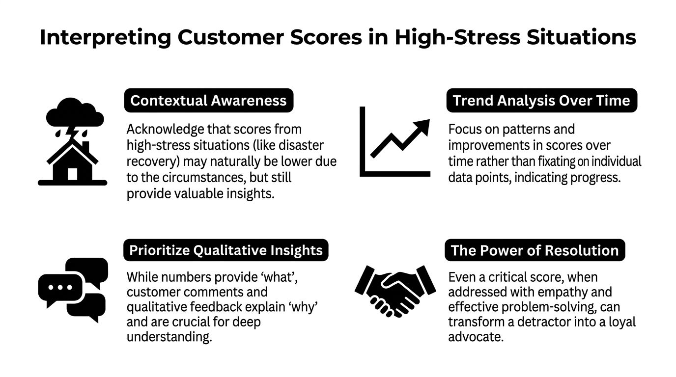 An infographic explaining how to interpret customer satisfaction metrics during high-stress situations for better business insights.