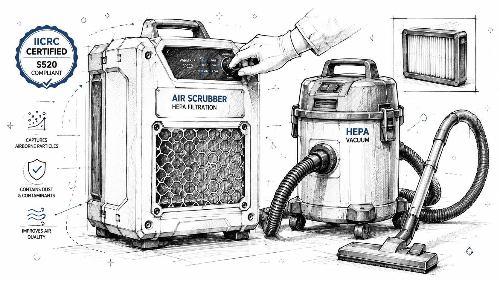An air scrubber and a HEPA vacuum used for a professional air decontamination and cleaning process.