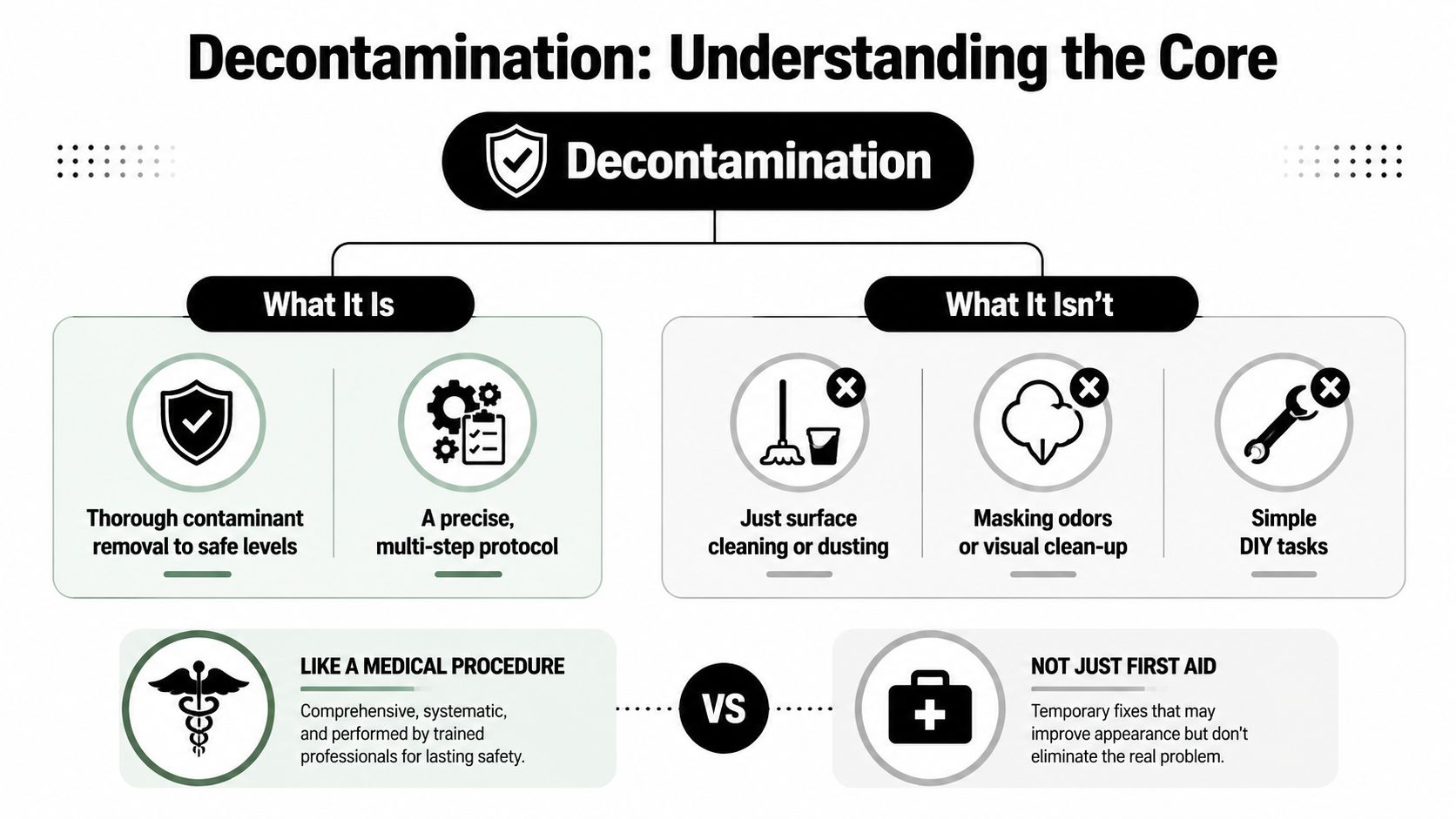 An infographic titled Decontamination: Understanding the Core, showing what decontamination is versus what it is not.