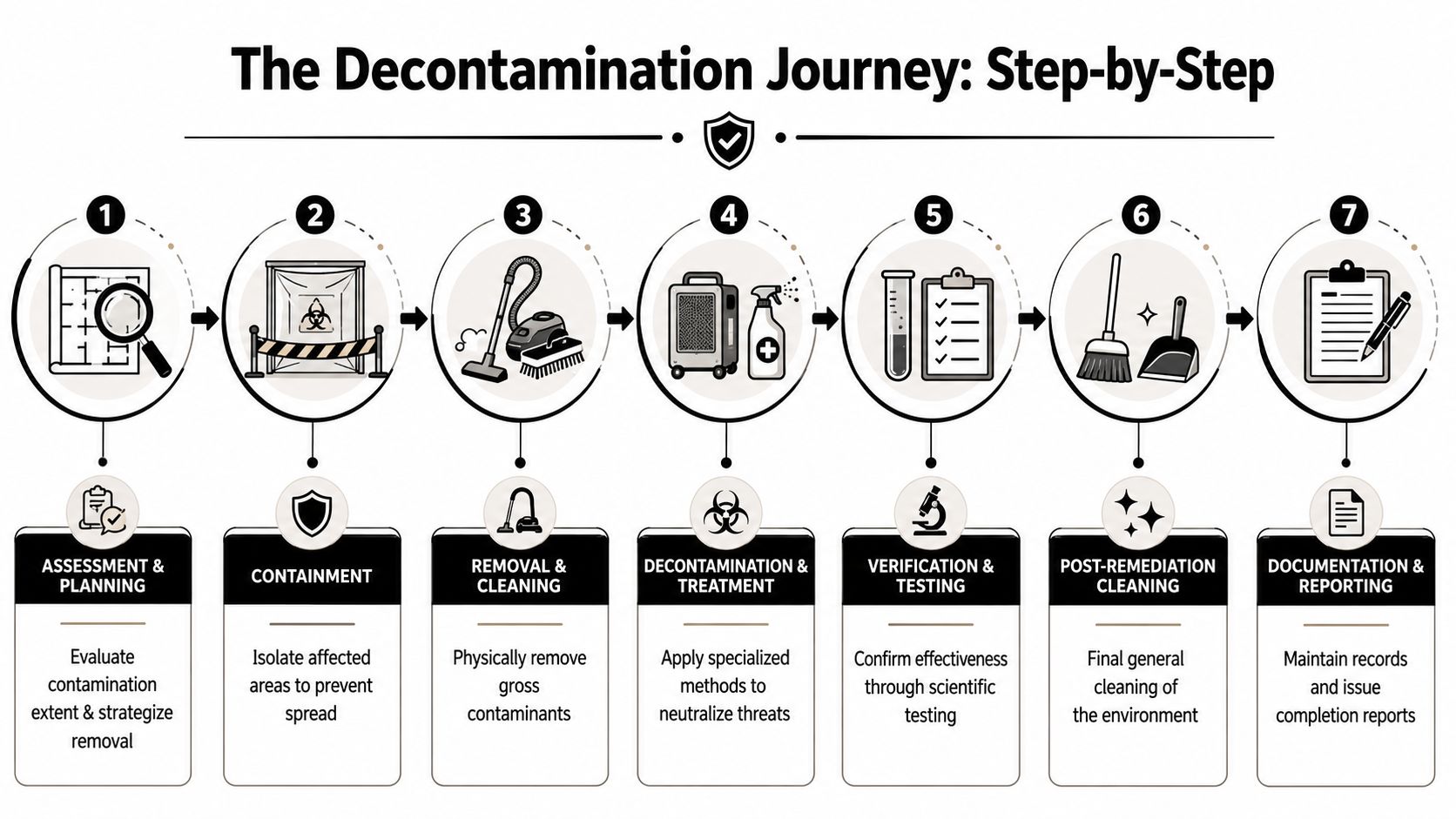 A seven-step diagram illustrating the professional decontamination process from initial assessment to final documentation and reporting.