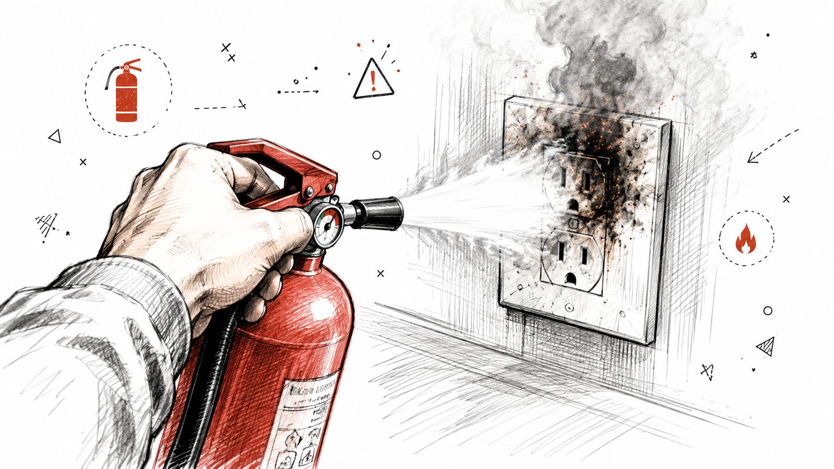 A hand using a red fire extinguisher to put out a smoking, burning electrical wall outlet.