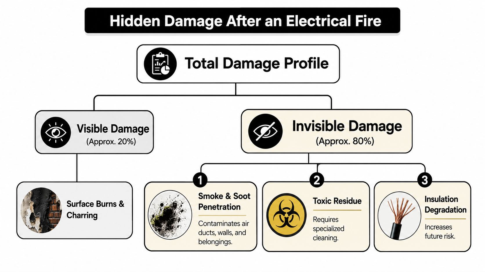 A flowchart illustrating that electrical fires cause 20 percent visible and 80 percent invisible property damage.