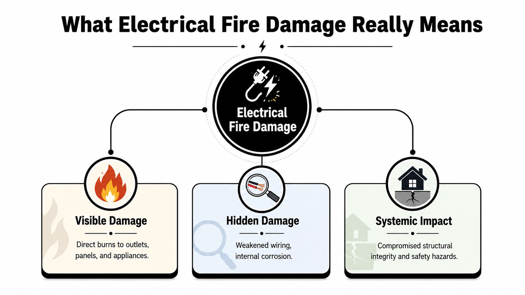 An infographic titled What Electrical Fire Damage Really Means, illustrating visible damage, hidden damage, and systemic impact.