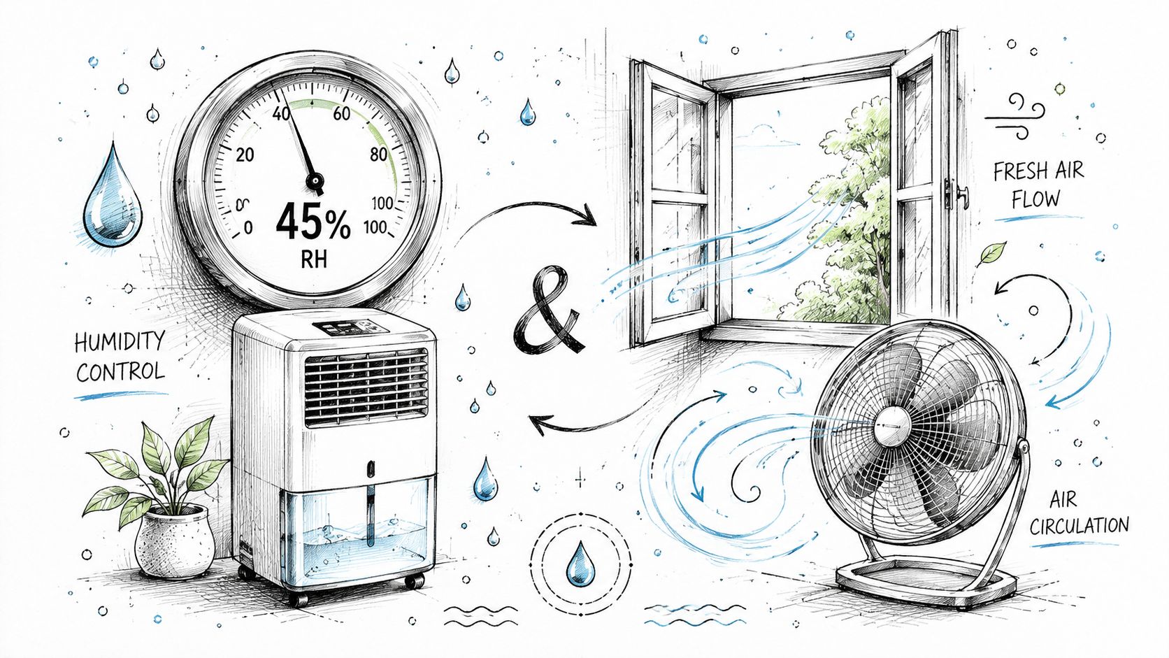 A hand-drawn illustration showing humidity control with a dehumidifier and fresh air circulation using a room fan.