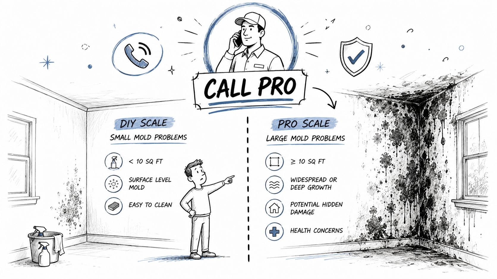 An infographic comparing DIY mold cleanup for small areas versus when to call a professional for severe mold.
