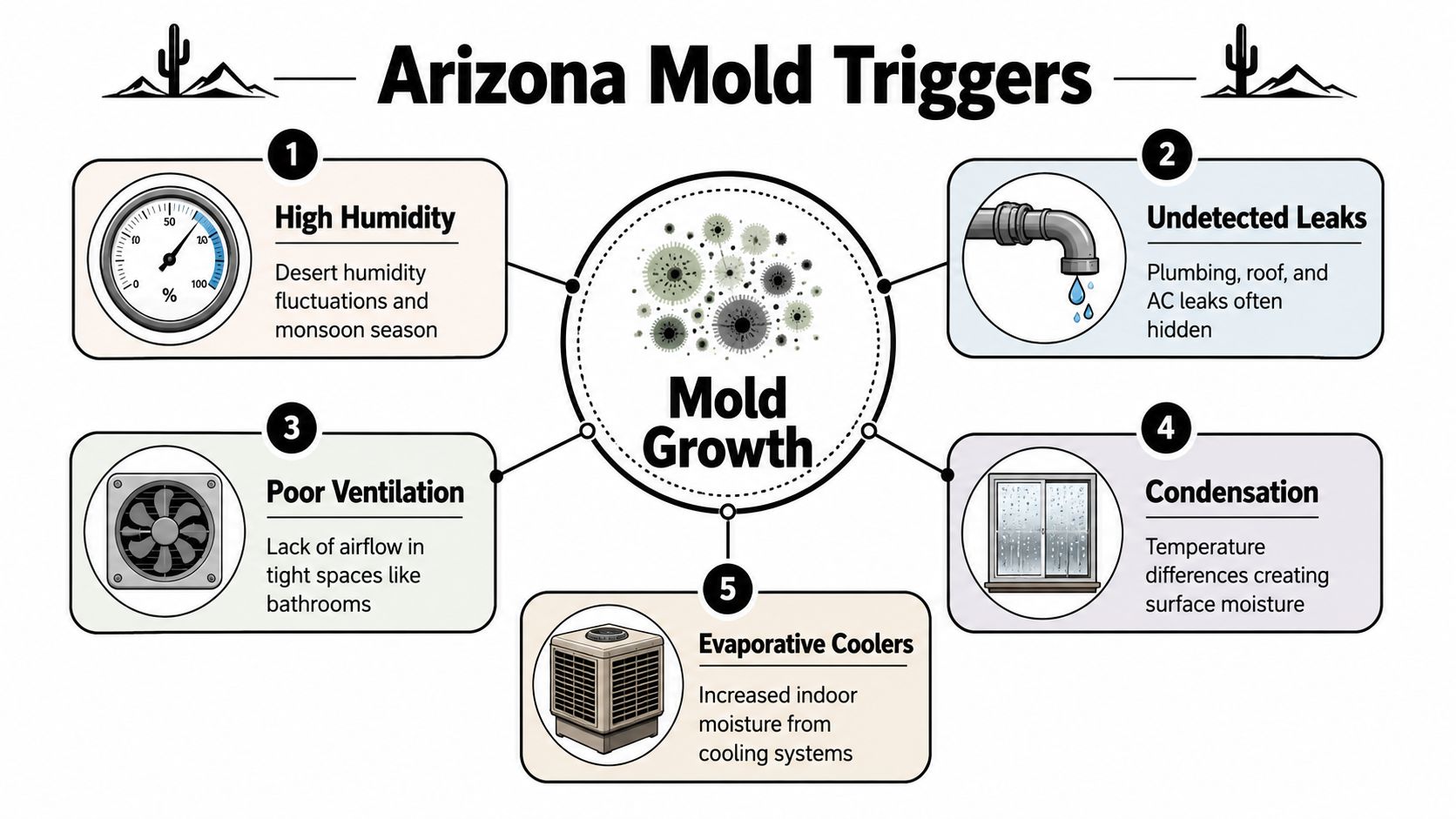 An infographic detailing five common triggers for mold growth specifically in the Arizona desert climate.