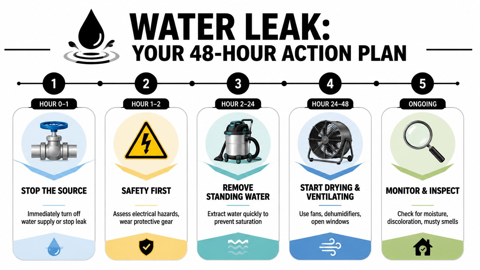 A 48-hour infographic guide showing steps to stop water leaks and prevent mold growth at home.