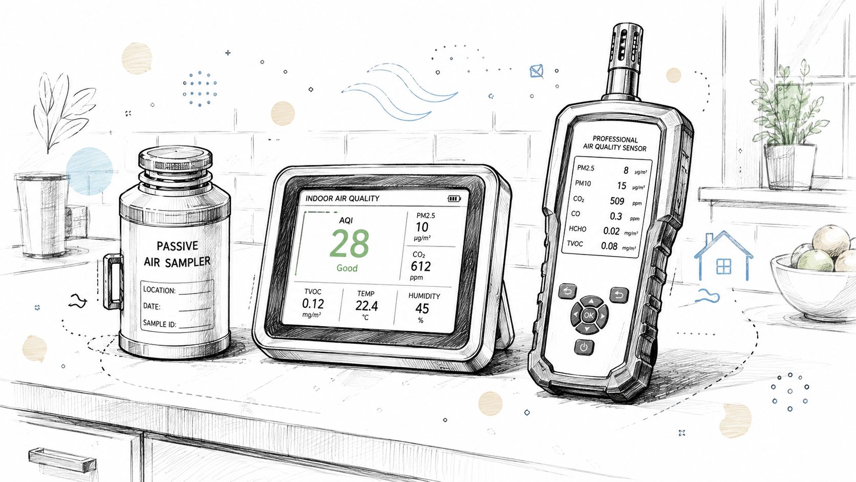 A professional air quality sensor, an indoor air quality monitor, and a passive air sampler on a kitchen counter.