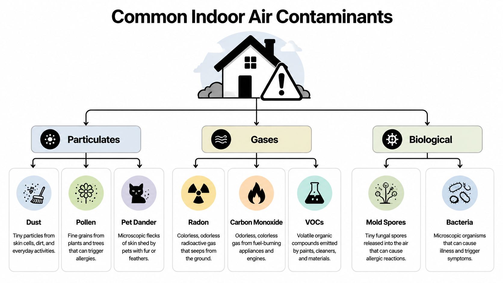 A diagram categorizing common indoor air contaminants into particulates, gases, and biological pollutants for residential environments.