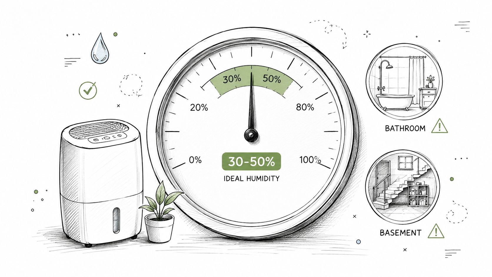A dehumidifier beside a humidity gauge indicating an ideal range of 30 to 50 percent for home environments.
