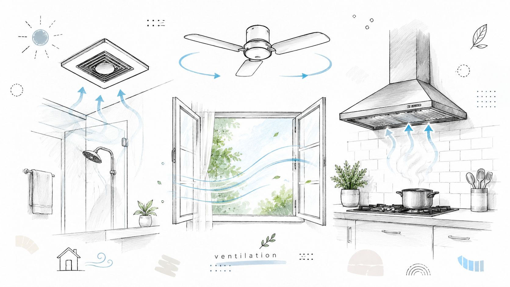 A diagram illustrating various home ventilation methods including a ceiling fan, exhaust fan, open window, and range hood.