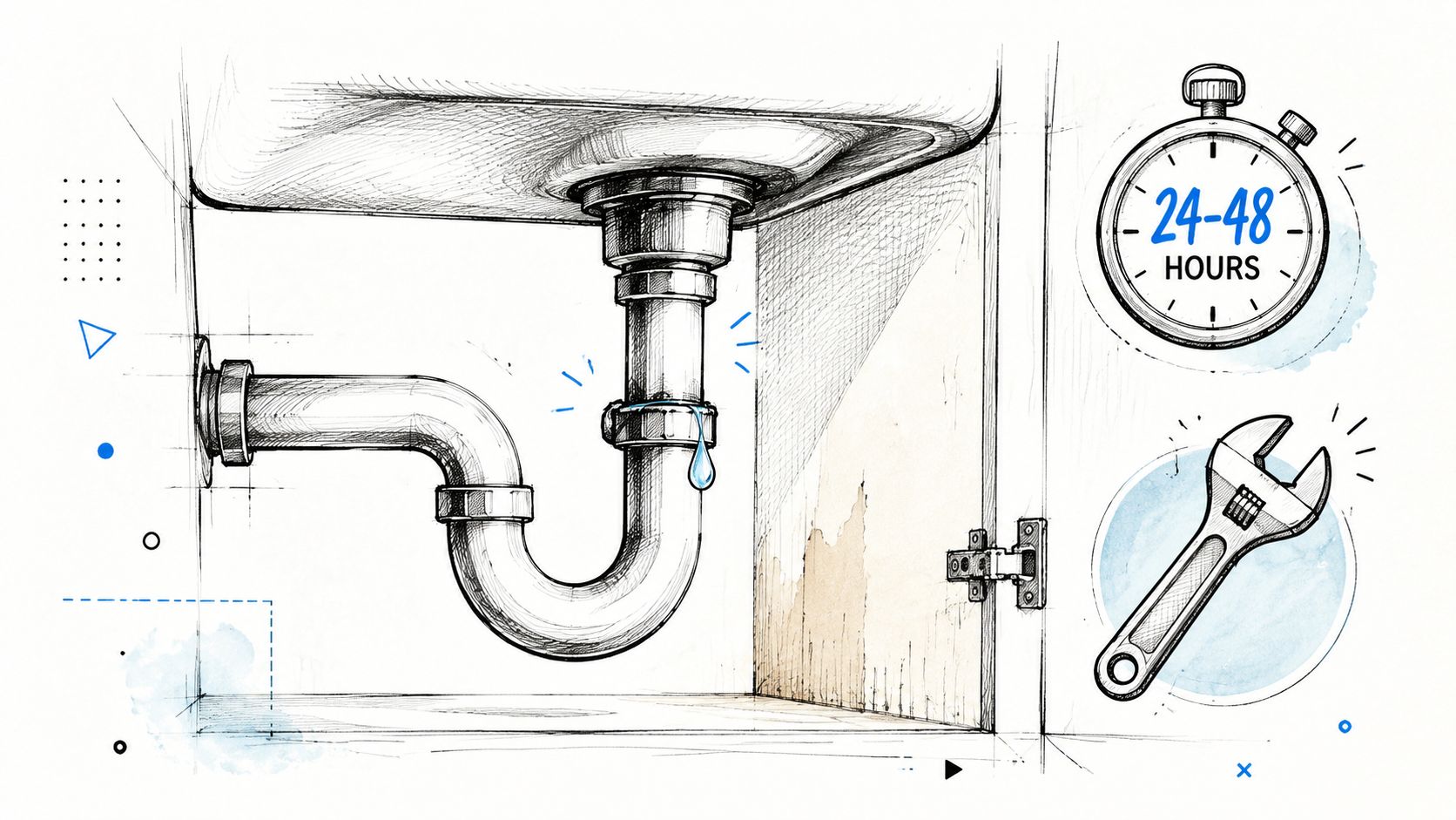 A pencil sketch of a leaking sink drain pipe with a stopwatch and wrench icon nearby.