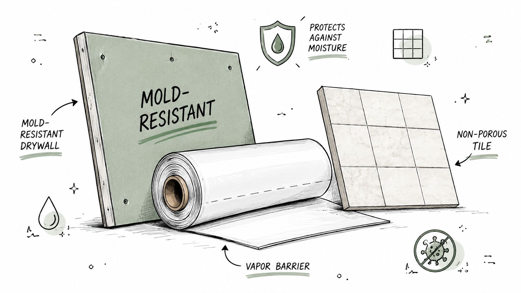An illustration showing mold-resistant drywall, a vapor barrier roll, and non-porous tiles for bathroom moisture protection.