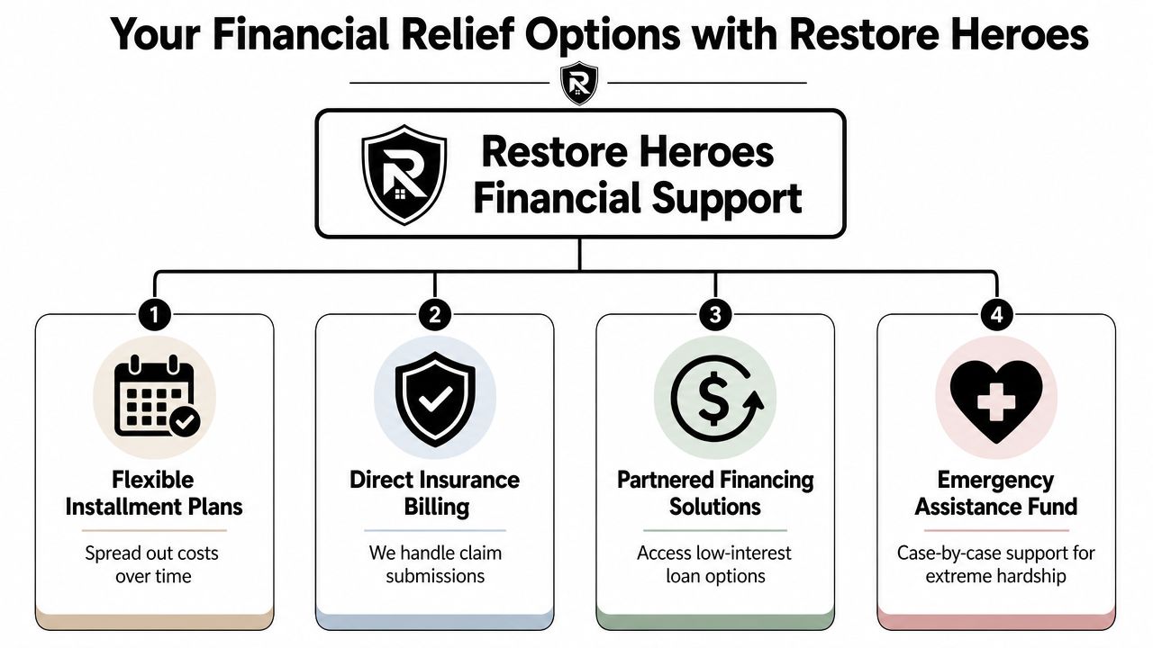 An infographic detailing four financial relief options provided by Restore Heroes to help clients manage project costs.