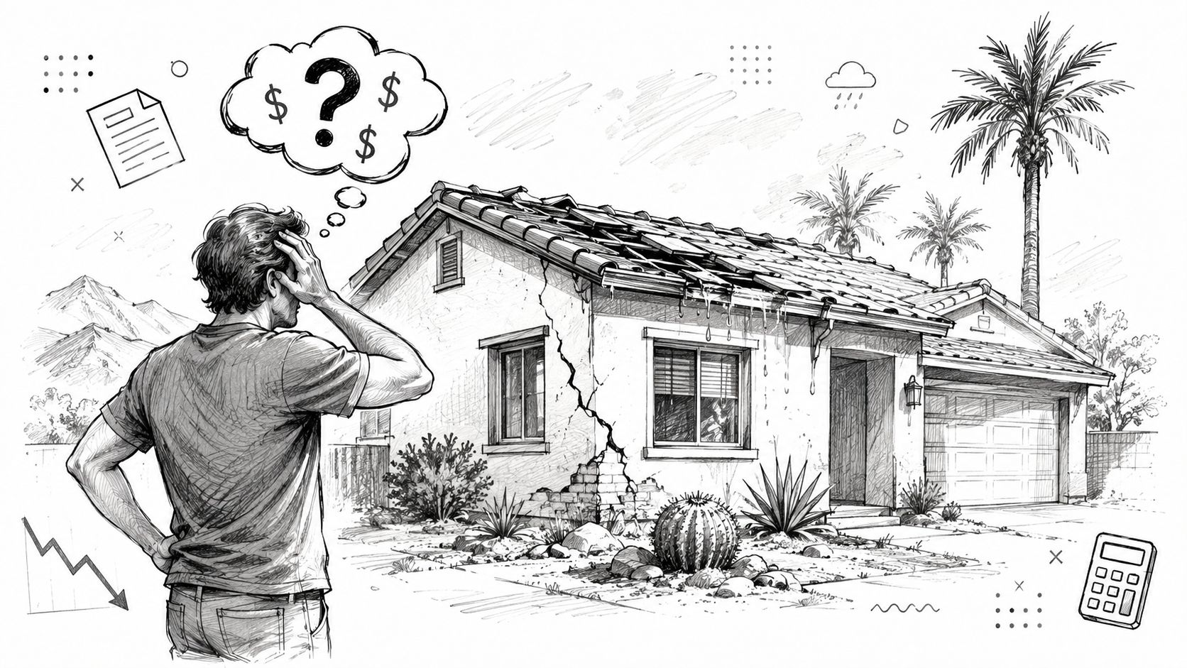 A person looking worried at a damaged house with structural cracks, leaking roof, and financial symbols.