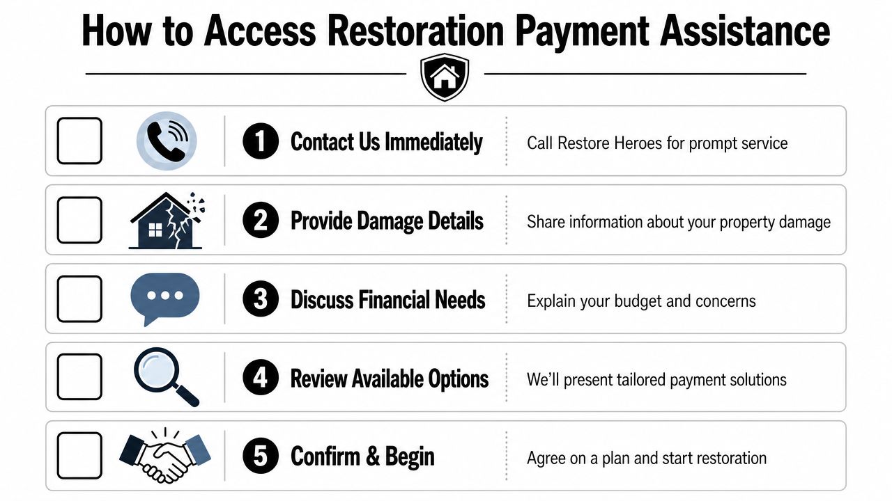A five-step guide on how to access restoration payment assistance for property damage restoration services.