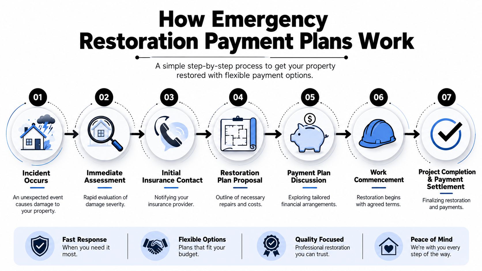 A seven-step infographic showing the emergency restoration process and available flexible payment plan options for property damage.