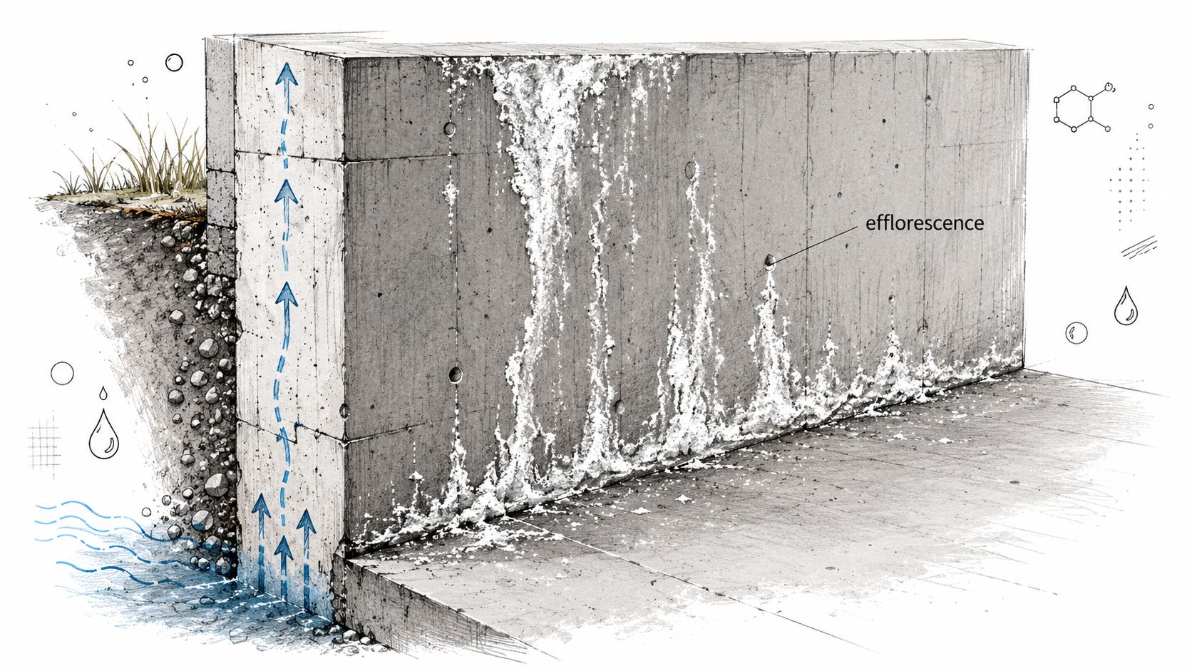 A diagram illustrating water seepage and efflorescence buildup on the surface of a concrete basement foundation wall.