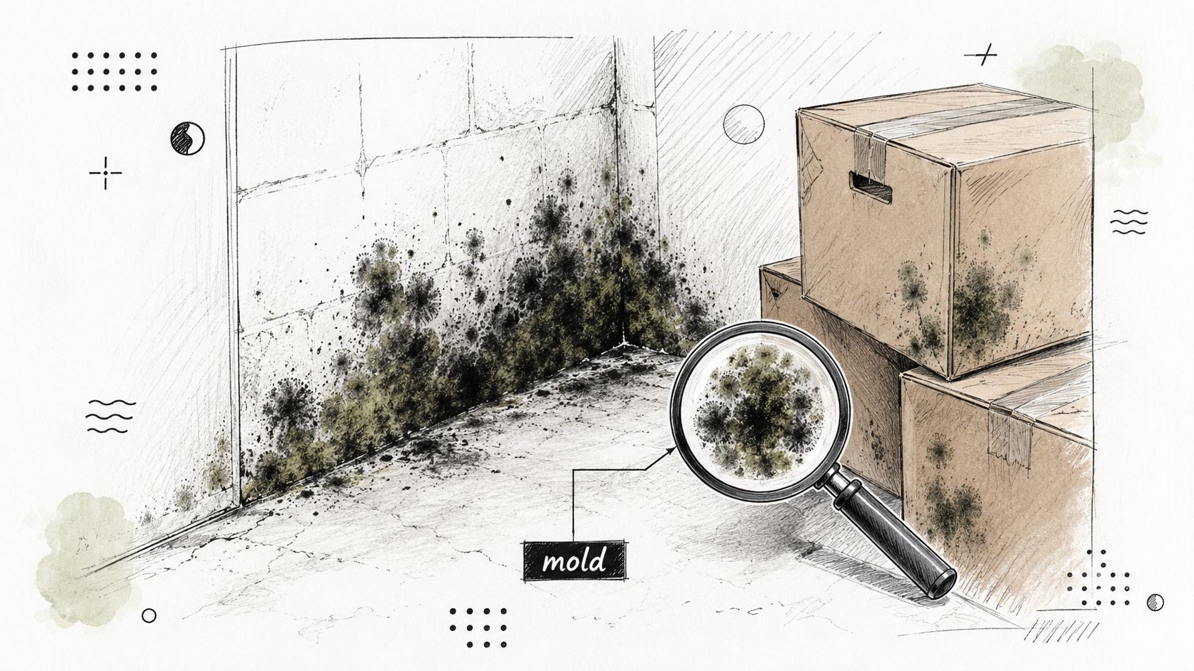 A pencil sketch illustration showing dark mold growing on a basement wall corner and storage boxes.