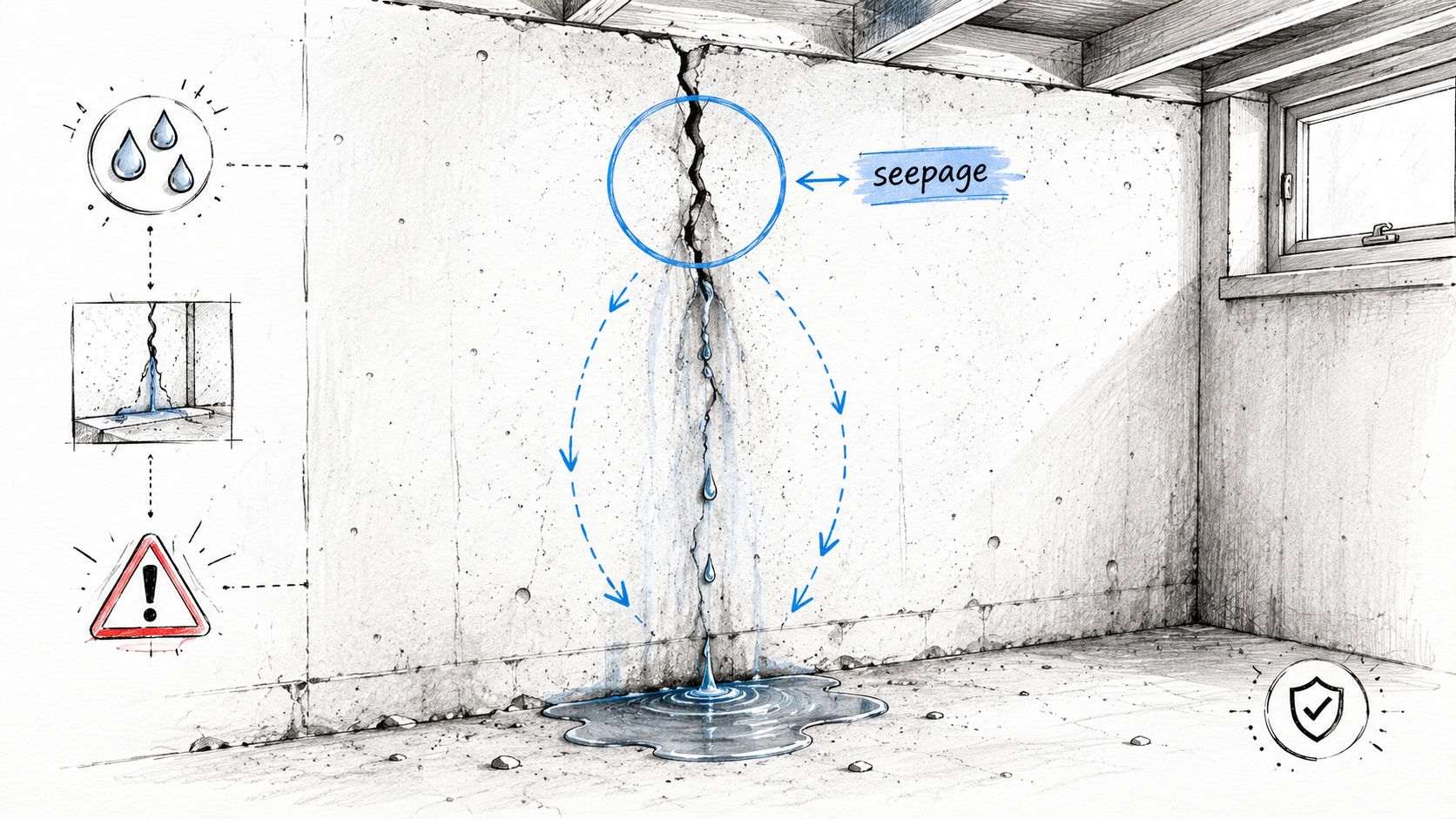 A diagram illustrating water seepage through a vertical crack in a concrete basement wall causing pooling.