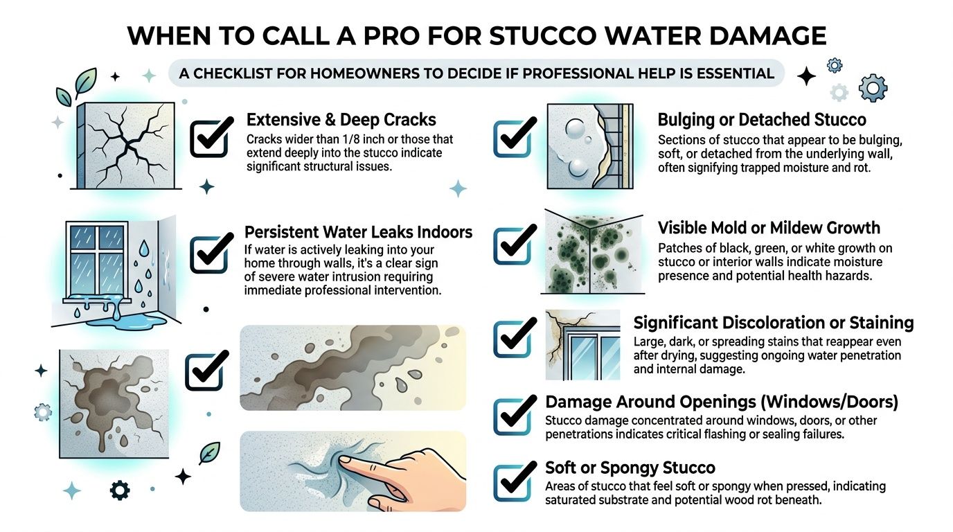 A checklist infographic illustrating signs of stucco water damage that require professional help and home repair.