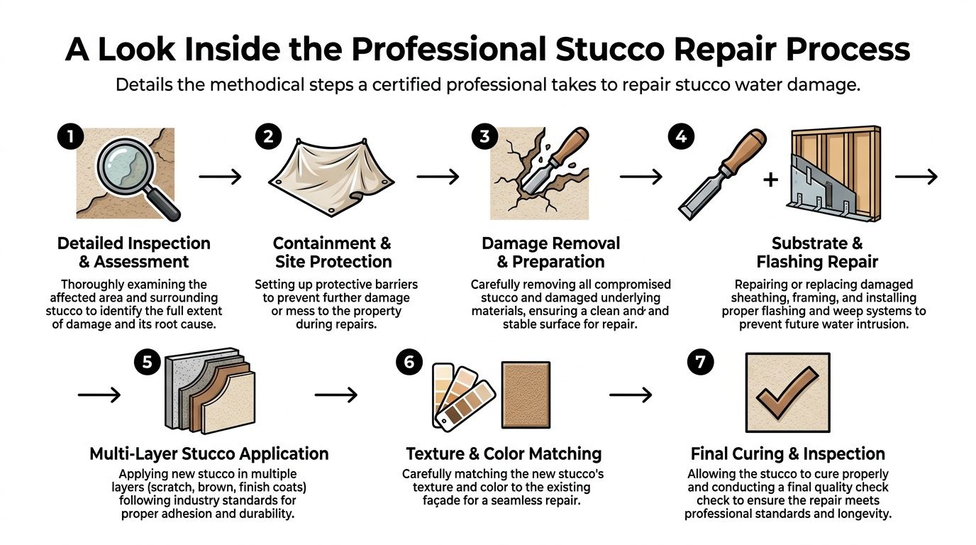 A step-by-step infographic illustrating the professional stucco water damage repair process from inspection to final curing.