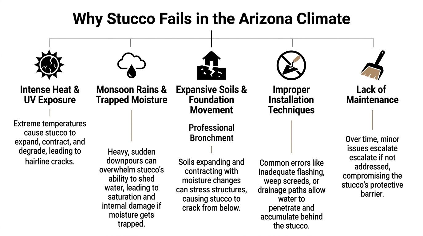 An infographic showing five main reasons why stucco fails due to Arizona's extreme climate and moisture.