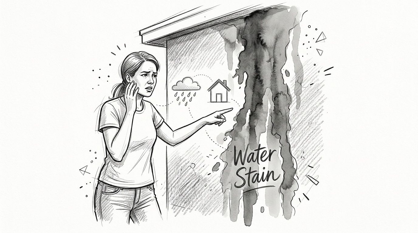 A concerned woman pointing at a large, dark water stain on a residential interior wall.