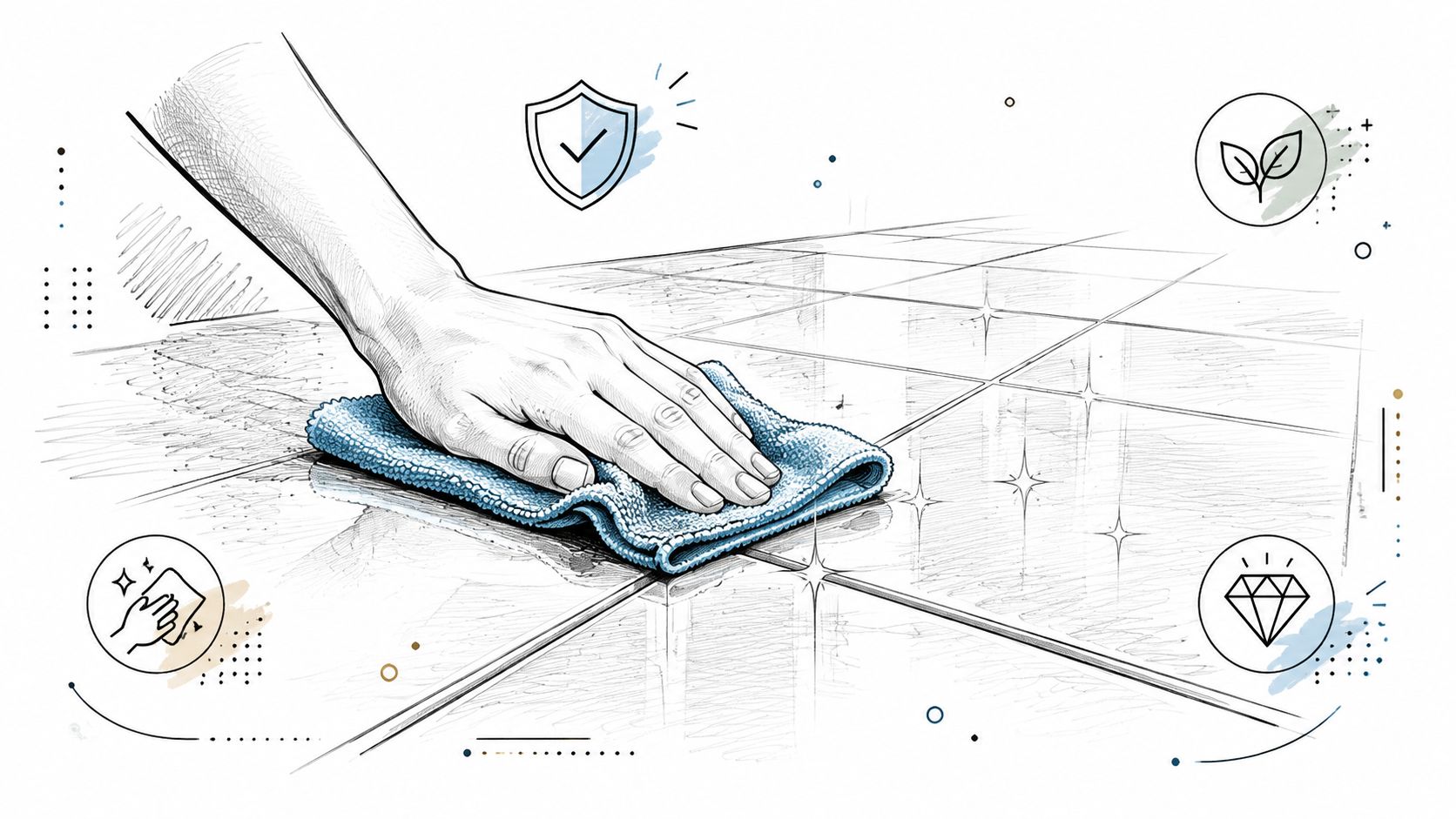 A hand cleaning a shiny tiled floor with a blue cloth, featuring decorative icons for home maintenance.