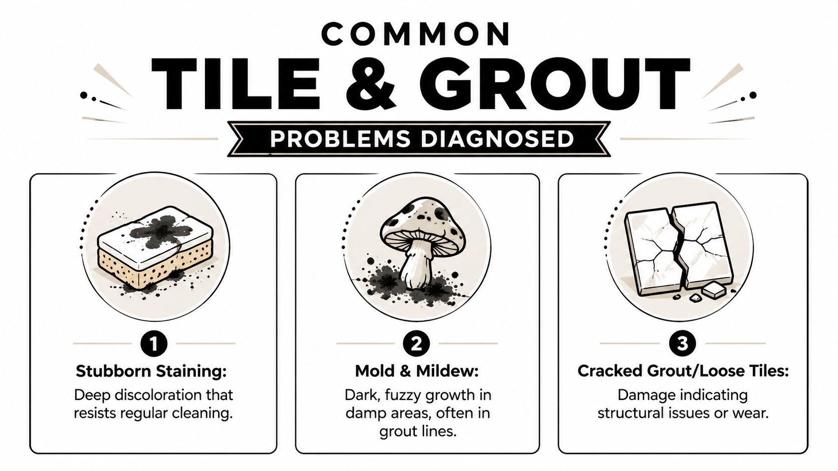 An infographic showing common tile and grout problems including stubborn staining, mold, mildew, and cracked tiles.