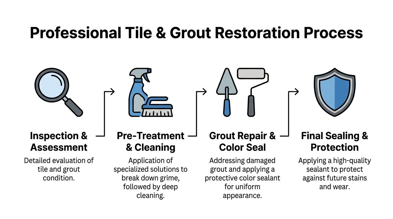 A four-step infographic illustrating the professional tile and grout restoration process from inspection to final protection.
