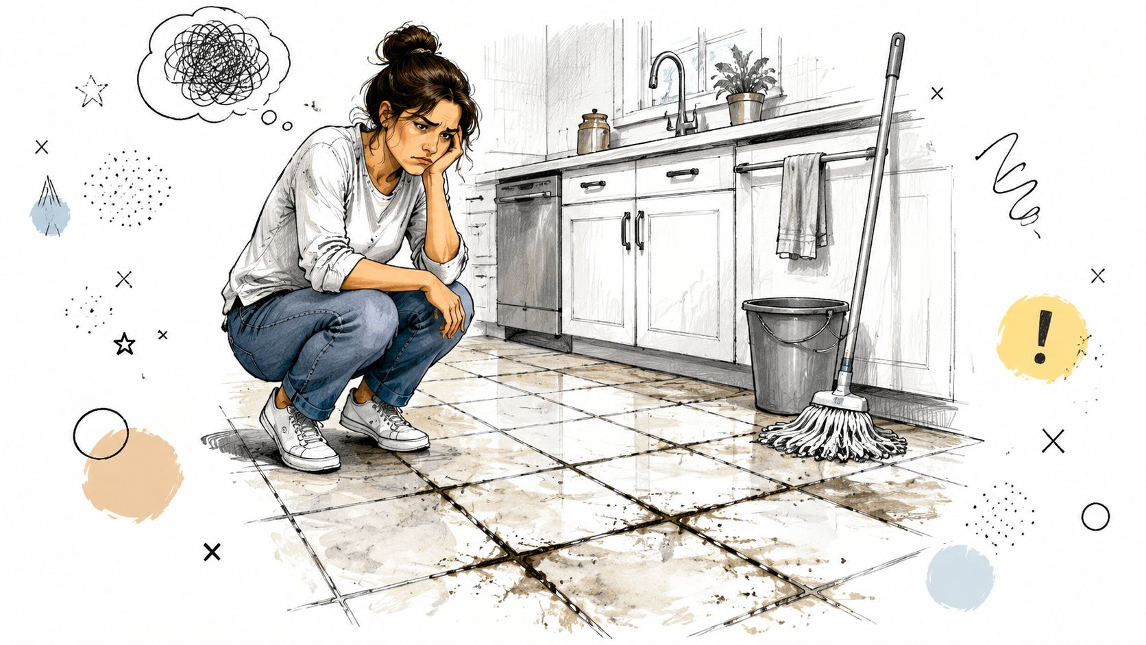 A woman looks stressed while kneeling on a dirty kitchen floor before starting tile and grout restoration.
